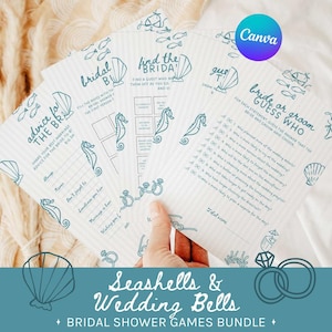 May include: A bundle of bridal shower games with a seashell and wedding theme. The games include "Advice for the Bride," "Find the Bride," and "Bride or Groom Guess Who." The designs feature seahorses, seashells, and wedding ring illustrations in teal.