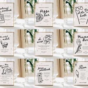 May include: A collection of framed signs with gold borders, featuring black and white illustrations and text. The signs include phrases like "Polaroid Guestbook," "Pizza Bar," "Photo Booth," and "Ice Cream Station," perfect for a wedding or event.