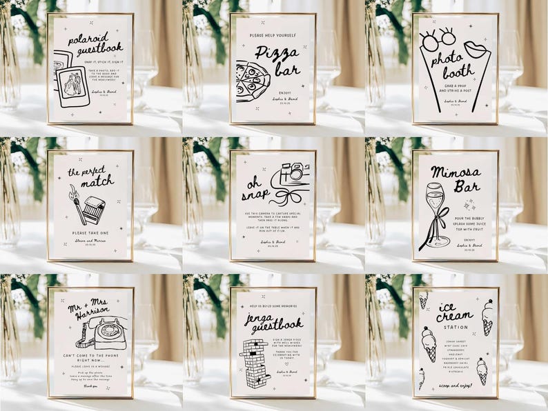 May include: A collection of framed signs with gold borders, featuring black and white illustrations and text. The signs include phrases like "Polaroid Guestbook," "Pizza Bar," "Photo Booth," and "Ice Cream Station," perfect for a wedding or event.