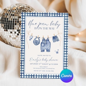 Blue Jean Baby Shower Invite, Denim Baby Shower Invitation, Clothesline A Blue Jean Baby is On The Way Baby Shower Invite, Editable in Canva