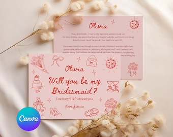 Editable Bridesmaid Proposal Card Template, Maid of Honor Card, Will You Be My Bridesmaid, Handdrawn Bridesmaid Proposal, Editable in Canva