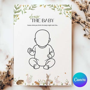 Babyshower Draw the Baby Game Card, spel 'Raad de baby', schattige dieren babyshowerspel, sjabloon ideeën babyshower, bewerken in canva
