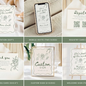 May include: A collection of wedding stationery with a botanical theme. Includes invitations, mobile invites, registry cards, thank you cards, custom signs, and welcome signs. Each item features the text "She's fresh off the market" and floral illustrations in green.