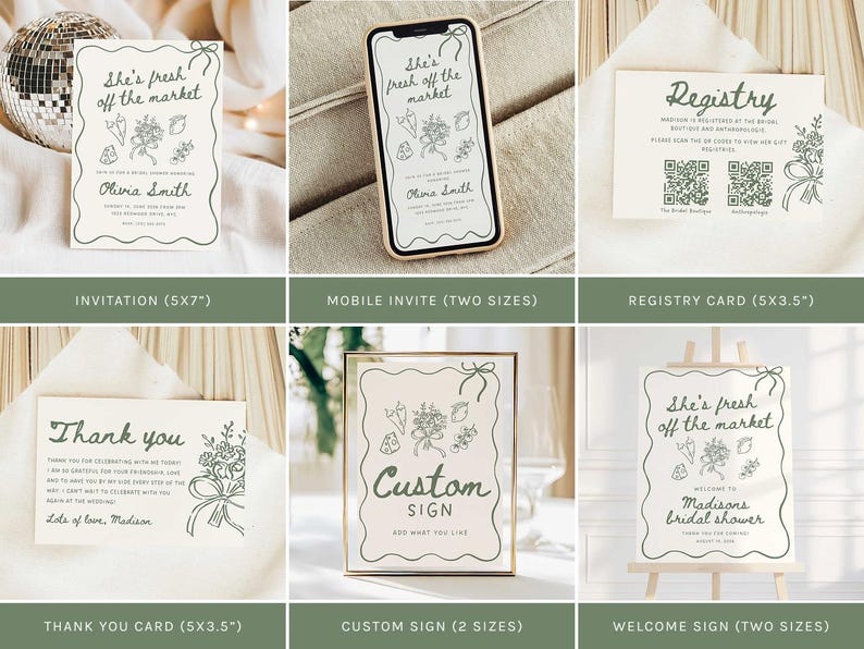 May include: A collection of wedding stationery with a botanical theme. Includes invitations, mobile invites, registry cards, thank you cards, custom signs, and welcome signs. Each item features the text "She's fresh off the market" and floral illustrations in green.