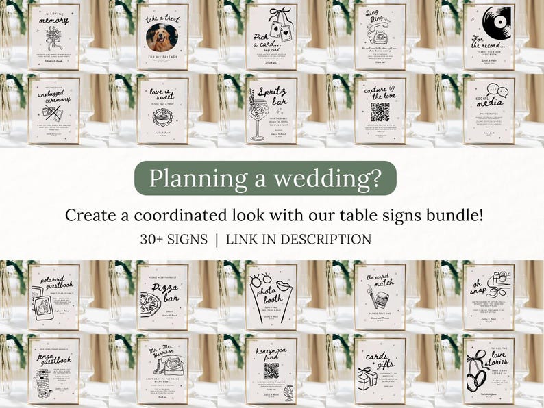 May include: A collection of wedding table signs with various illustrations and text, including "Planning a wedding?" and "Create a coordinated look with our table signs bundle!" The signs are in gold frames.