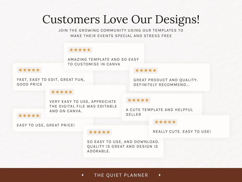 Pode incluir: Gr&aacute;fico com o texto "Customers Love Our Designs!" e avalia&ccedil;&otilde;es de clientes. As avalia&ccedil;&otilde;es est&atilde;o em caixas brancas com classifica&ccedil;&otilde;es por estrelas douradas. O texto inclui frases como "Modelo incr&iacute;vel" e "F&aacute;cil de usar".