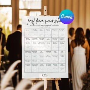 May include: A white rectangular sign on a wooden easel featuring the text "first dance sweepstakes" and "60 songs | 1 entry | write your name underneath | winner takes it all". The sign contains a grid of song titles and artist names.