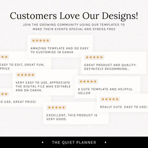 May include: Image featuring customer reviews for digital templates. Text reads "Customers Love Our Designs!" with phrases like "Amazing template," "Fast, easy to edit," and "Great product and quality." The Quiet Planner logo is at the bottom.