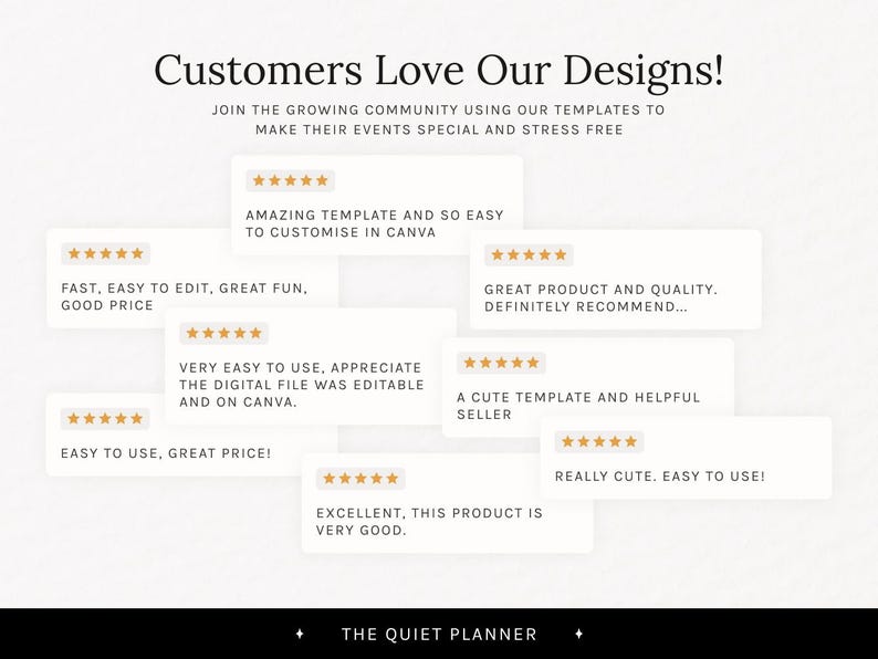 May include: Image featuring customer reviews for digital templates. Text reads "Customers Love Our Designs!" with phrases like "Amazing template," "Fast, easy to edit," and "Great product and quality." The Quiet Planner logo is at the bottom.