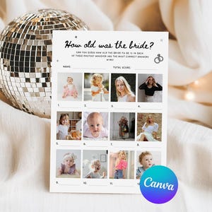 Peut inclure: Une carte de jeu pour une fête prénuptiale intitulée "Quel âge avait la mariée ?" avec des espaces pour les noms et les scores. La carte présente douze photos de personnes. Une boule disco est derrière la carte sur un tissu blanc. Le logo Canva est en bas à droite.