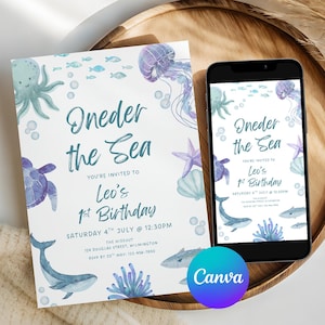 Oneder the Sea 1st Birthday Invitation: Ocean Animals, Under the Sea, Editable Canva Design (Digital Download)
