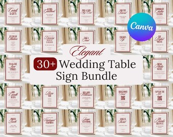 May include: A collection of wedding table signs with burgundy frames and white backgrounds. The signs feature various phrases like "Cards & Gifts" and "To All The Love Stories". The image also includes the text "Elegant 30+ Wedding Table Sign Bundle".