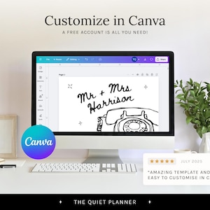 May include: A computer monitor displays a wedding invitation template with the text "Mr + Mrs Harrison" and a vintage telephone illustration. The screen is surrounded by a keyboard, a notepad, and a plant. The Canva logo is visible.