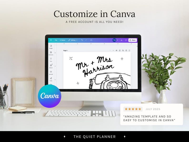 May include: A computer monitor displays a wedding invitation template with the text "Mr + Mrs Harrison" and a vintage telephone illustration. The screen is surrounded by a keyboard, a notepad, and a plant. The Canva logo is visible.