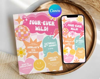 Four Ever Wild retro discobal uitnodiging, mobiele uitnodiging meisjes 4e verjaardagsfeestje, bewerkbare canvassjabloon