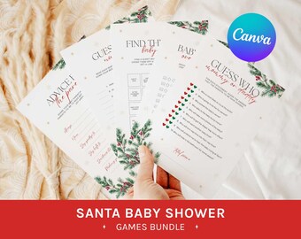 May include: A bundle of Santa Baby Shower games. The games include "Advice for the Parents", "Guess Who Mommy or Daddy", and "Find the Baby". Each game has a festive Christmas design with red and green accents. The Canva logo is visible.