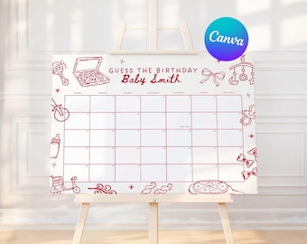 May include: White calendar board with red line art illustrations of baby-related items. The text "GUESS THE BIRTHDAY Baby Smith" is displayed at the top. The board is mounted on a wooden easel, perfect for a baby shower game.