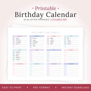 Calendario de cumpleaños imprimible, calendario de cumpleaños en colores pastel, recordatorio de cumpleaños, planificador de cumpleaños, organizador de cumpleaños, seguimiento de cumpleaños, tamaño A4/carta