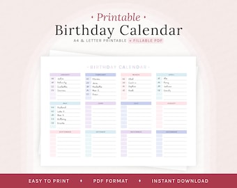 Calendario de cumpleaños imprimible en tonos pastel: Seguimiento de cumpleaños en formato A4/Carta (PDF)