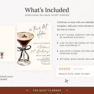 May include: An invitation template with a watercolor illustration of a martini glass, a black bow, and the text "a tini bit older." The invitation is for a 25th birthday and includes details for the event.