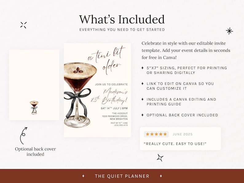 May include: An invitation template with a watercolor illustration of a martini glass, a black bow, and the text "a tini bit older." The invitation is for a 25th birthday and includes details for the event.