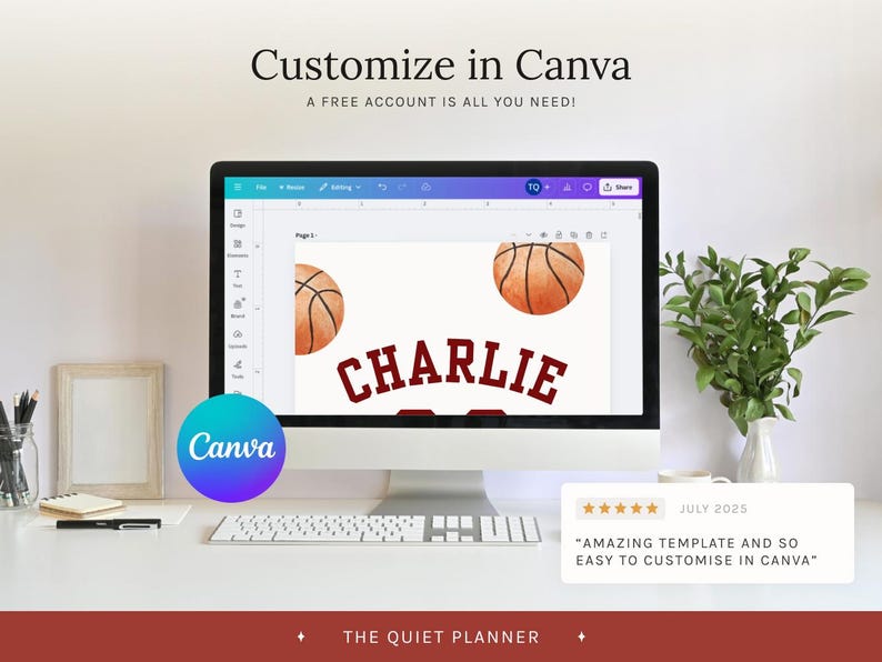 May include: A computer monitor displays a basketball-themed design with the name "Charlie" in maroon. The Canva logo is visible, along with the text "Customize in Canva." A keyboard, notepad, and greenery are on the desk.