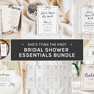 Puede incluir: Un conjunto de elementos esenciales para una despedida de soltera, que incluye menús, invitaciones, tarjetas de agradecimiento y juegos. Cada artículo presenta un diseño en blanco y negro con un lazo y la frase "She's Tying the Knot". El paquete incluye un letrero personalizado.