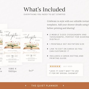 May include: Bridal shower invitation templates with floral accents and the text "A New Chapter Begins." Includes mobile and 5x7 inch printable sizes. Features Canva editing and printing guide.