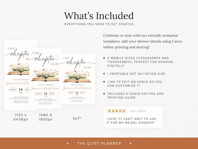 May include: Bridal shower invitation templates with floral accents and the text "A New Chapter Begins." Includes mobile and 5x7 inch printable sizes. Features Canva editing and printing guide.