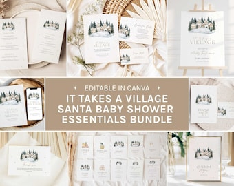 May include: A collection of baby shower stationery with a winter village theme. The bundle includes invitations, thank you cards, and a welcome sign. The text "It Takes a Village" is featured on several items. The design includes illustrations of snow-covered houses and trees.