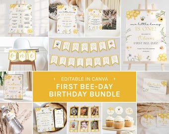 First Bee Day 1st Birthday Bundle, Little Honey Invite, Bee 1st Birthday, Party Decorations, Editable in Canva