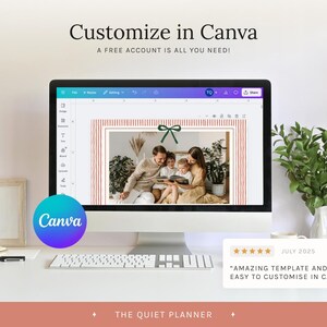 May include: A computer monitor displays a family photo within a red and white striped frame, with the text "Customize in Canva." A blue and purple Canva logo is visible. The text "A FREE ACCOUNT IS ALL YOU NEED!" is also displayed.