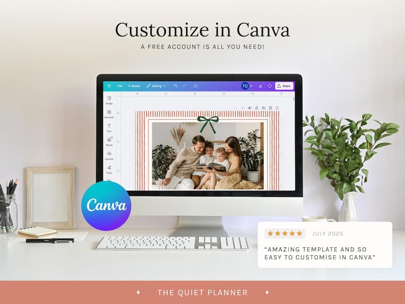 May include: A computer monitor displays a family photo within a red and white striped frame, with the text "Customize in Canva." A blue and purple Canva logo is visible. The text "A FREE ACCOUNT IS ALL YOU NEED!" is also displayed.