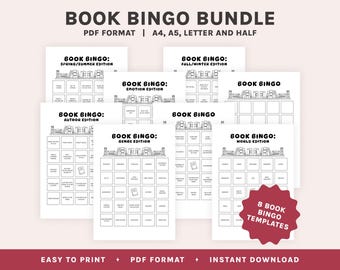 Book Bingo Template Bundle, Printable Reading Bingo Sheets, Reading Challenge, Printable Journal Page, Reading Games, Book Club Bingo, PDF