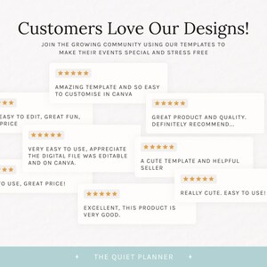 Op de afbeelding: Afbeelding met klantbeoordelingen en gouden sterrenbeoordelingen. Tekst luidt "Customers Love Our Designs!" en "Word lid van de groeiende community met behulp van onze sjablonen om uw evenementen speciaal en stressvrij te maken."