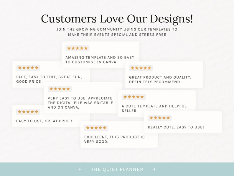 Op de afbeelding: Afbeelding met klantbeoordelingen en gouden sterrenbeoordelingen. Tekst luidt "Customers Love Our Designs!" en "Word lid van de groeiende community met behulp van onze sjablonen om uw evenementen speciaal en stressvrij te maken."