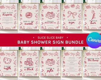 May include: A baby shower sign bundle with a red and white design. The signs include text such as "Late Night Diapers", "Babies are Sweet", and "Favors, Please Take One". The signs are in gold frames.