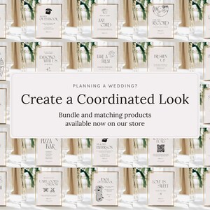 May include: A collection of framed signs with gold borders, featuring various wedding-related text like "Cards & Gifts," "Ice Cream Station," and "Love Stories." The signs are arranged in rows, with a central banner that reads "Create a Coordinated Look."