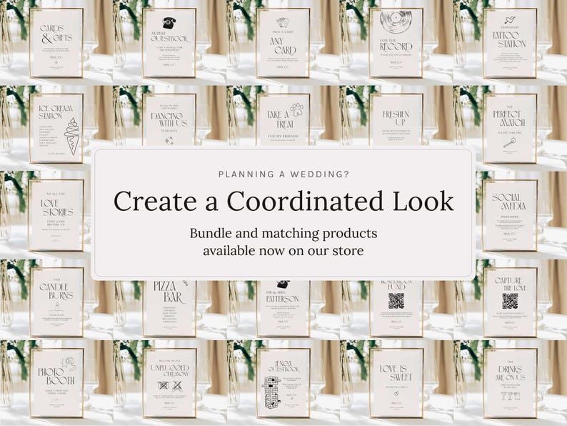 May include: A collection of framed signs with gold borders, featuring various wedding-related text like "Cards & Gifts," "Ice Cream Station," and "Love Stories." The signs are arranged in rows, with a central banner that reads "Create a Coordinated Look."
