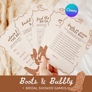 Puede incluir: Un conjunto de tarjetas de juegos para la despedida de soltera de color beige con texto e ilustraciones marrones. Las tarjetas presentan frases como "Consejos para la novia" y "Encuentra a la novia". La parte inferior de la imagen dice "Boots & Bubbly + Bridal Shower Games."