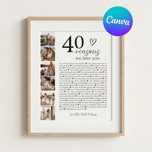 May include: A framed vertical print featuring a collage of six family photographs on the left side and the text 40 reasons we love you with a list of forty numbered sentiments separated by heart icons, signed by Love Peter, Violet & James.