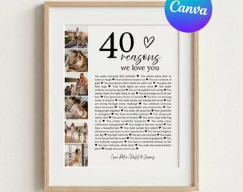 あなたを愛する40の理由ポスター、友人、母、娘、妻への40歳の誕生日写真コラージュプリント、編集可能なCanvaテンプレート