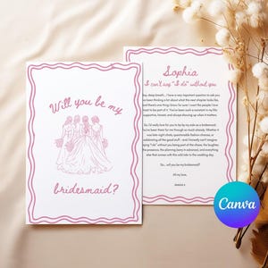 Modelo de cartão de pedido de casamento editável, cartão de madrinha, cartão de convite, pedido de casamento retrô desenhado à mão, Canva