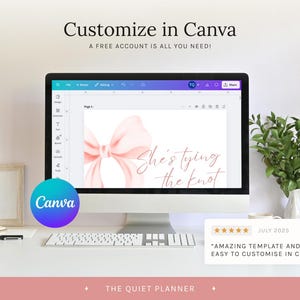 May include: A computer monitor displays a wedding invitation template with a pink bow and the text "She's tying the knot." The screen is surrounded by a keyboard, a mouse, and a plant. The Canva logo is visible.