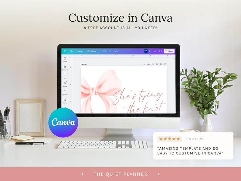 May include: A computer monitor displays a wedding invitation template with a pink bow and the text "She's tying the knot." The screen is surrounded by a keyboard, a mouse, and a plant. The Canva logo is visible.