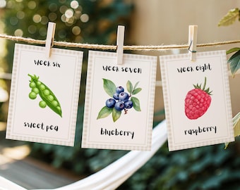 Beige Obst & Gemüse Schwangerschaft Meilenstein Karten, druckbare lokal gewachsene Baby Größe Karten, verfolgen das Wachstum des Babys, wöchentliche Bump Photo Prop Canvas