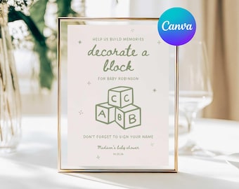 Sage Decorate A Block Baby Shower Sign Template, Baby Shower Decorate a Block, Build Memories Blocks for Baby Activity Sign, Editable Canva