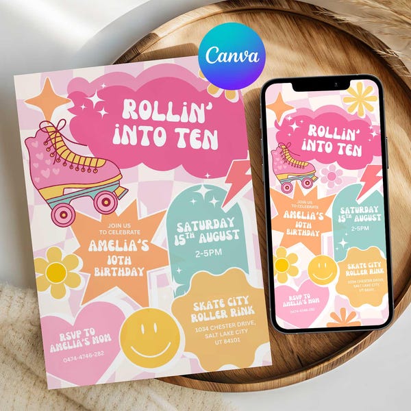 Rolling into Ten Retro Roller Skate Party Mobile Invitation, 10th Birthday Roller Disco Party Printable Invitation, Editable Canva Template