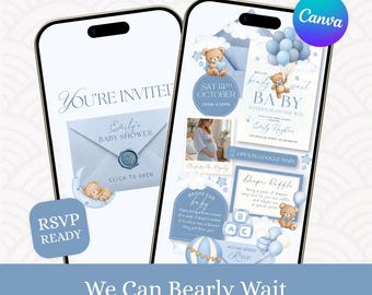 Blue Bearly Wait Baby Shower Website Template, Baby Boy Shower Invitation, Teddy Bear Invite with RSVP, Editable in Canva (Digital Download)