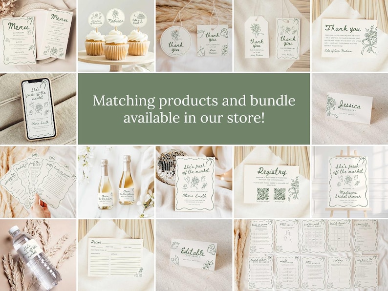 May include: A collection of stationery items with a floral design, including menus, tags, and cards. The text "Matching products and bundle available in our store!" is displayed. The items are in a neutral color palette.